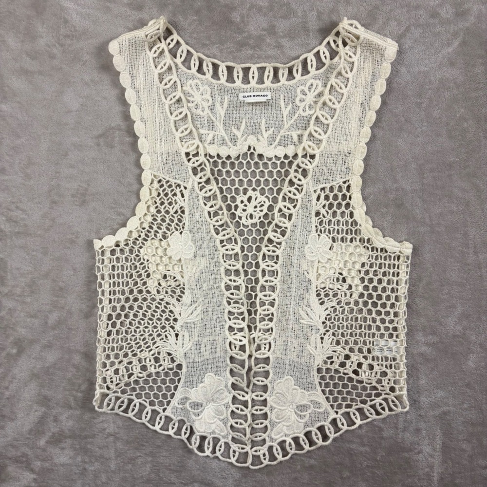 Club Monaco Cream Crochet Floral Lace Open Front Vest Women XS/S Boho Festival